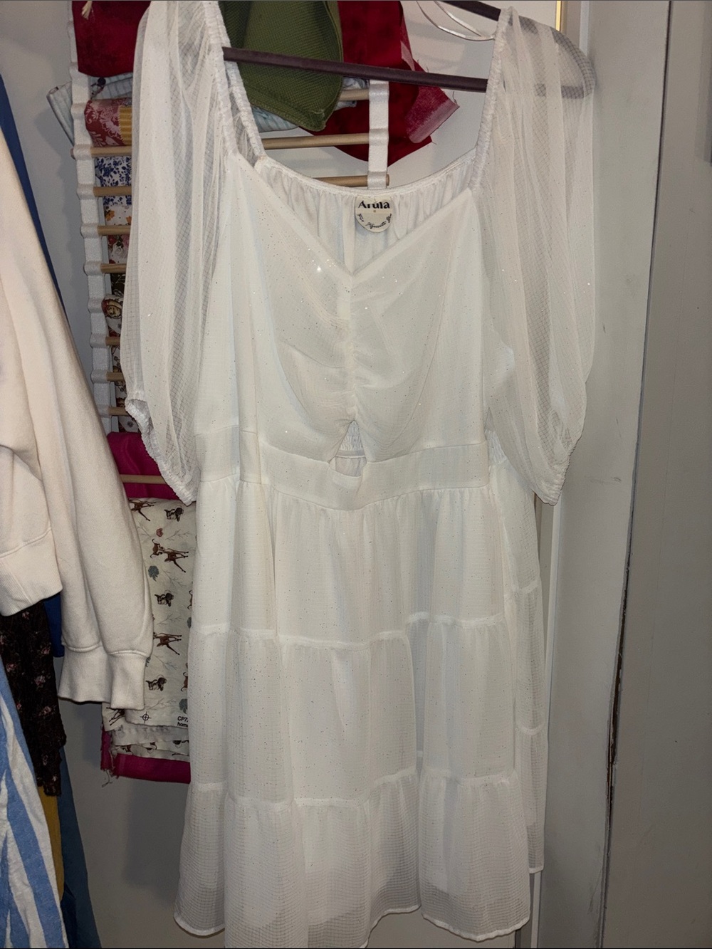 ARULA White Glittery Mini Puff-Sleeve Tiered Dress